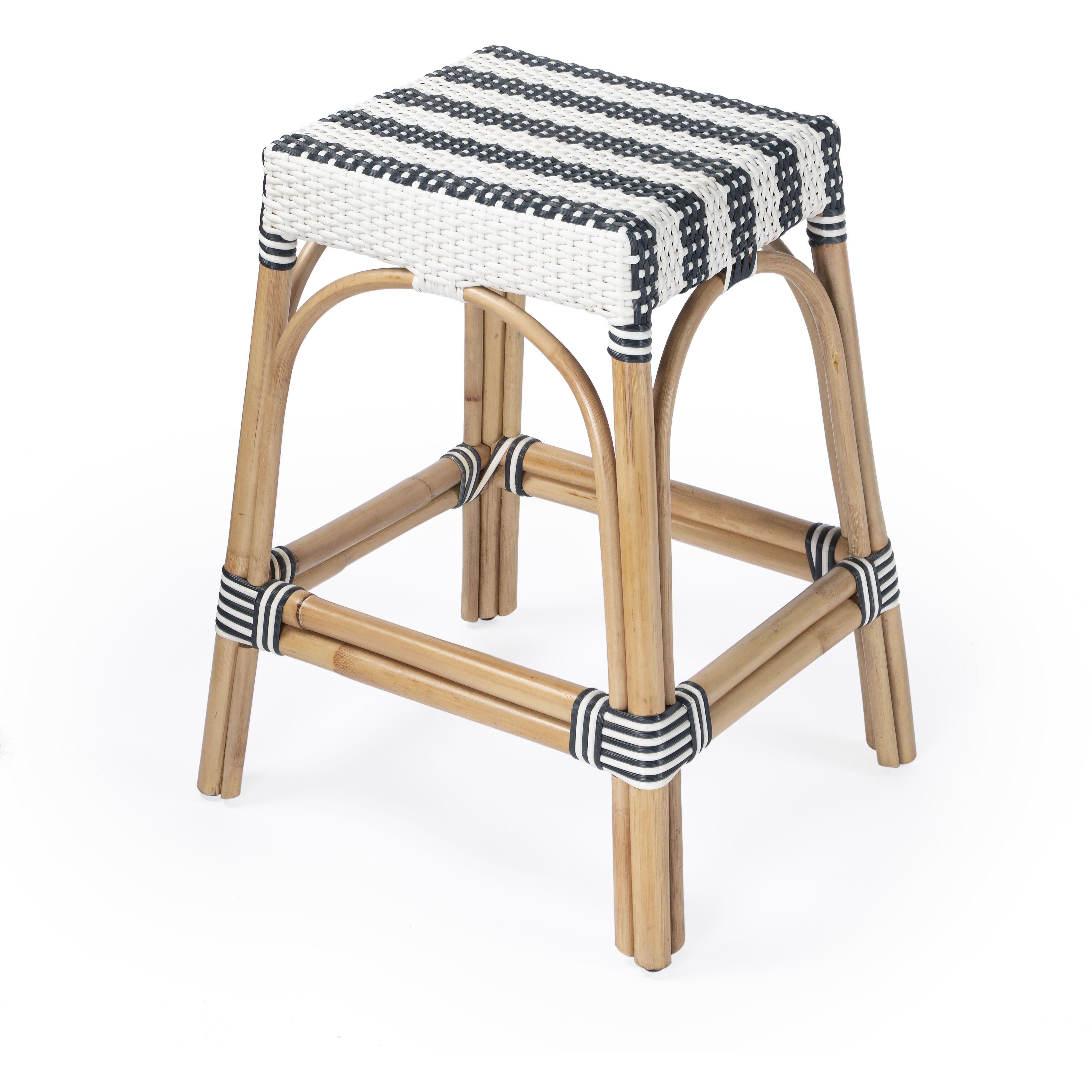 Robias Rectangular Rattan 24.5" Counter Stool in White and Navy Stripe