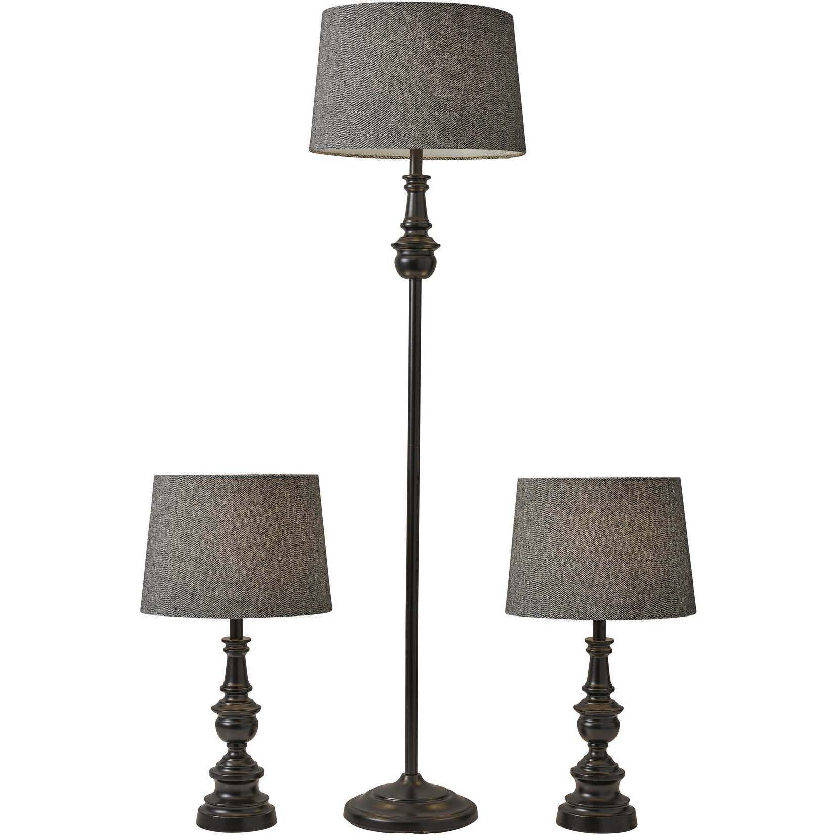 Chandler 29 inch 150 watt Dark Bronze Table Lamps Portable Light in Dark Herringbone Fabric, plus Floor Lamp, Set of 3, Simplee Adesso