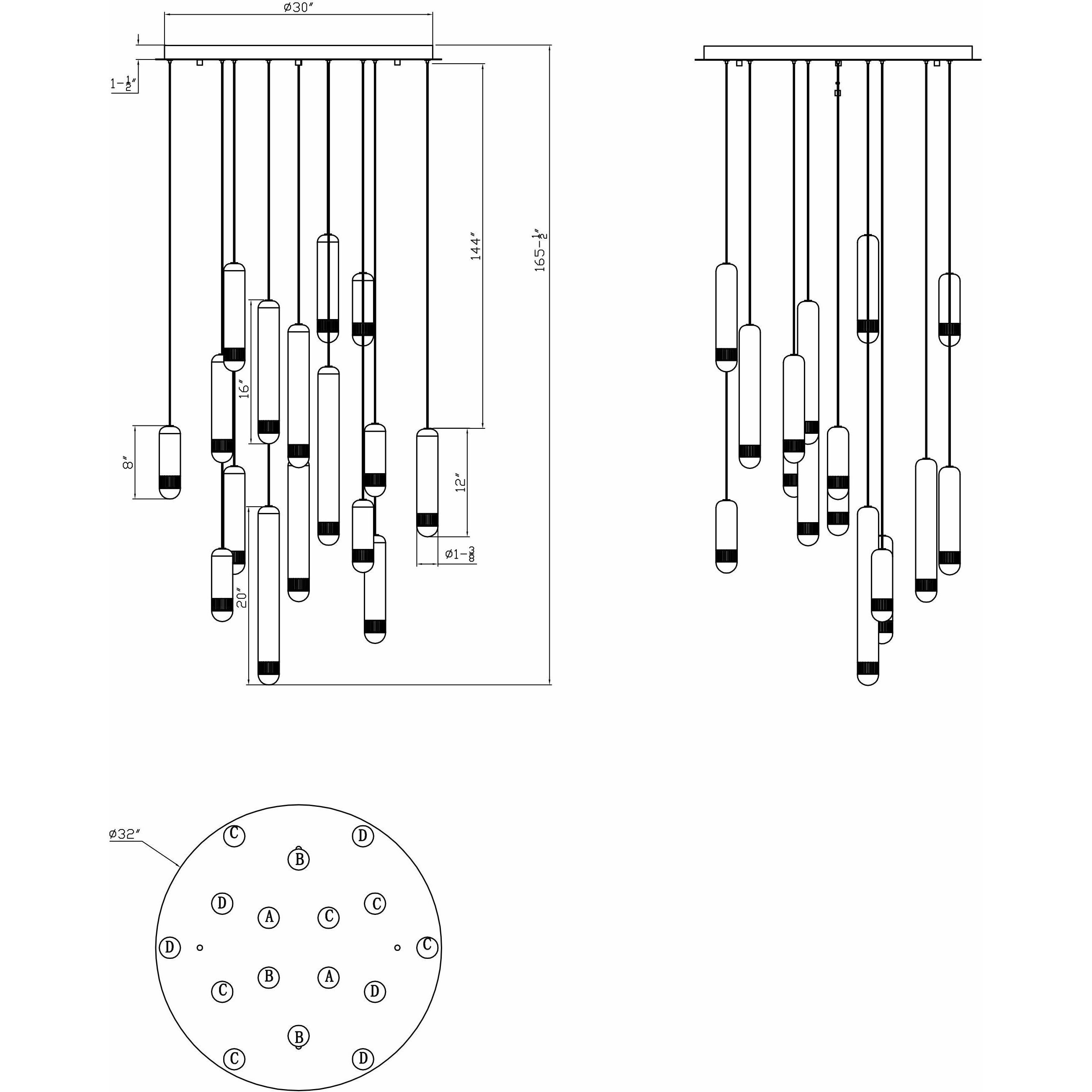 Cambre LED 32 inch Matte Black Multi Drop Chandelier Ceiling Light