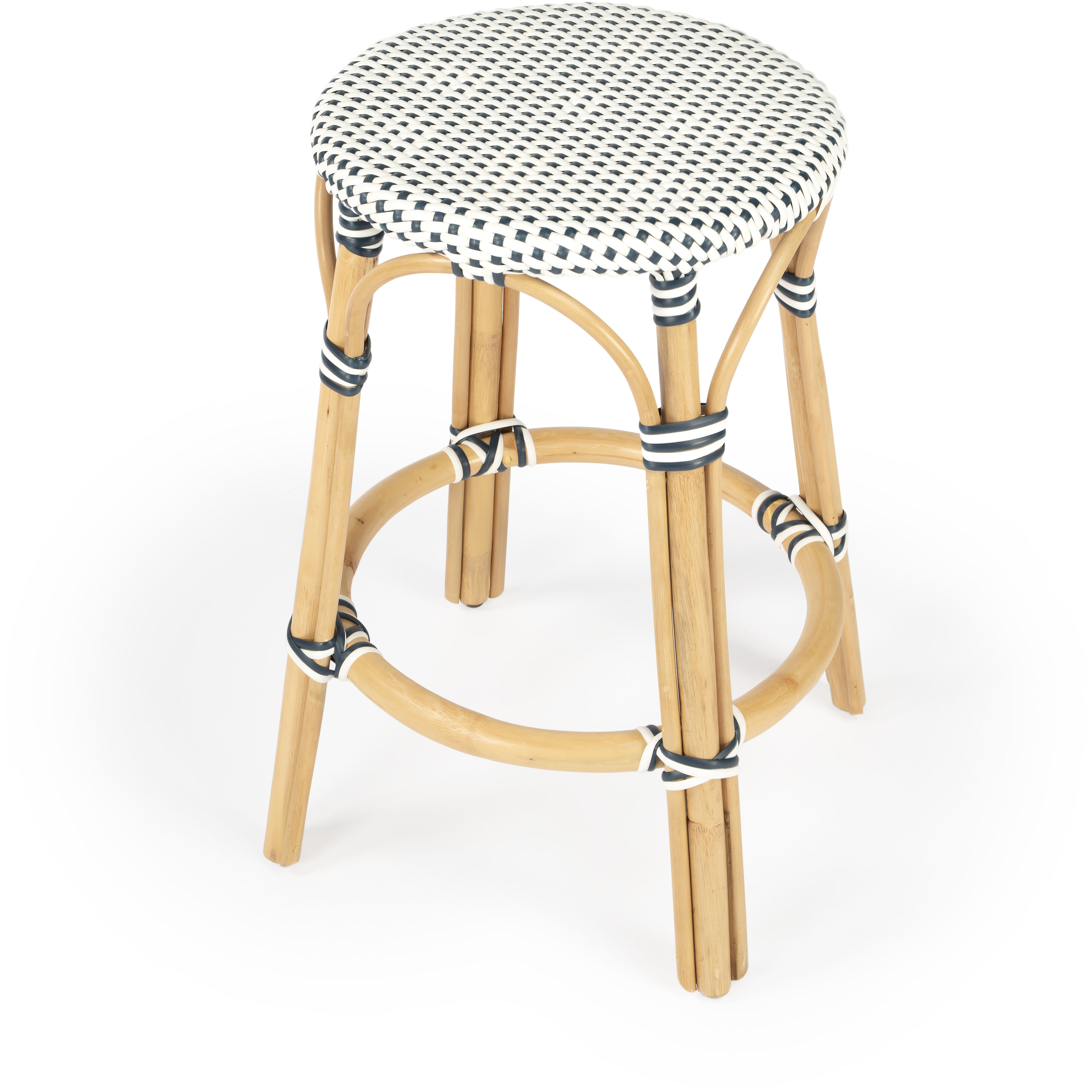 Tobias Rattan Round 24" Counter Stool in White and Navy Dot