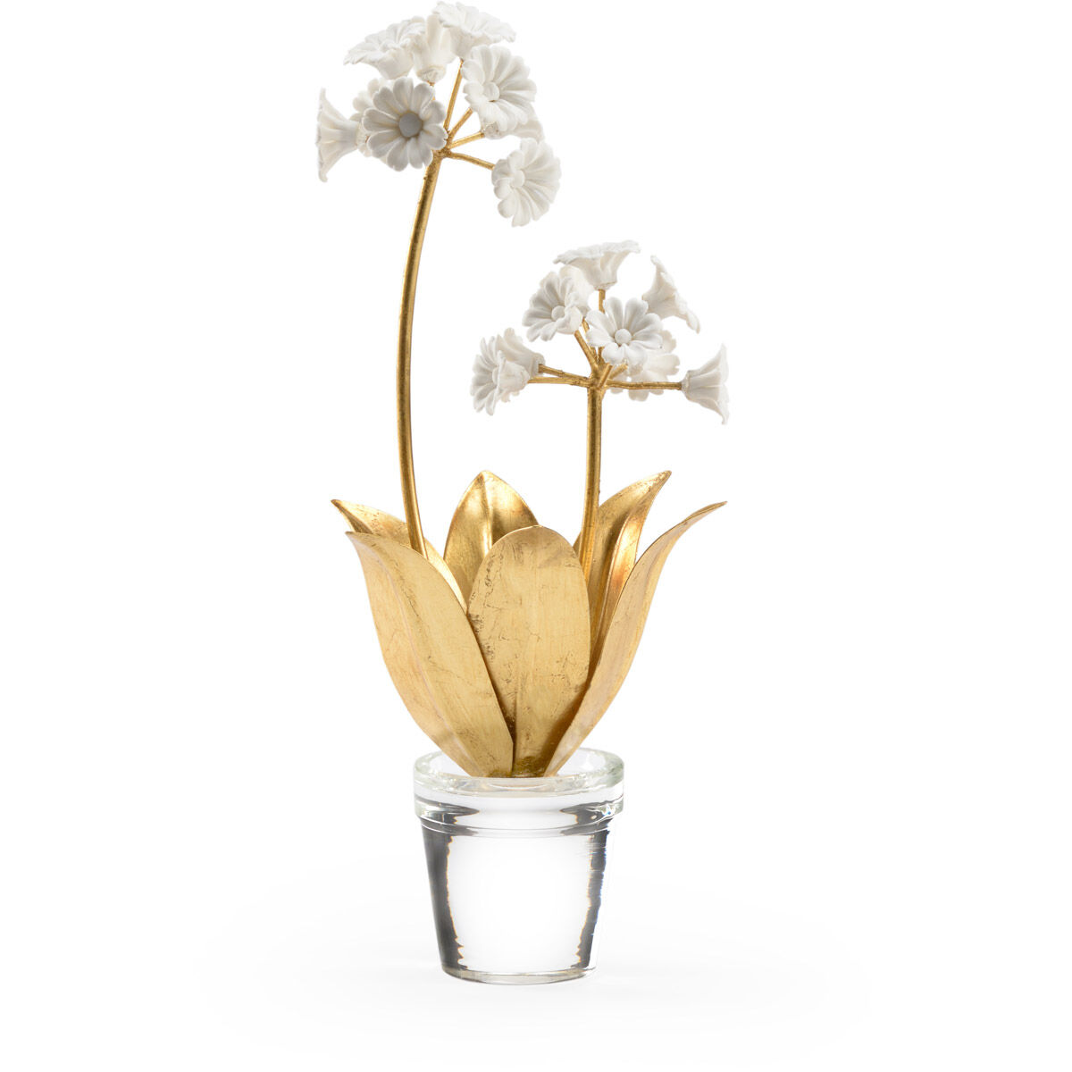 Chelsea House Clear/Antique Gold Leaf/Matte White Auricula Flowers Accent