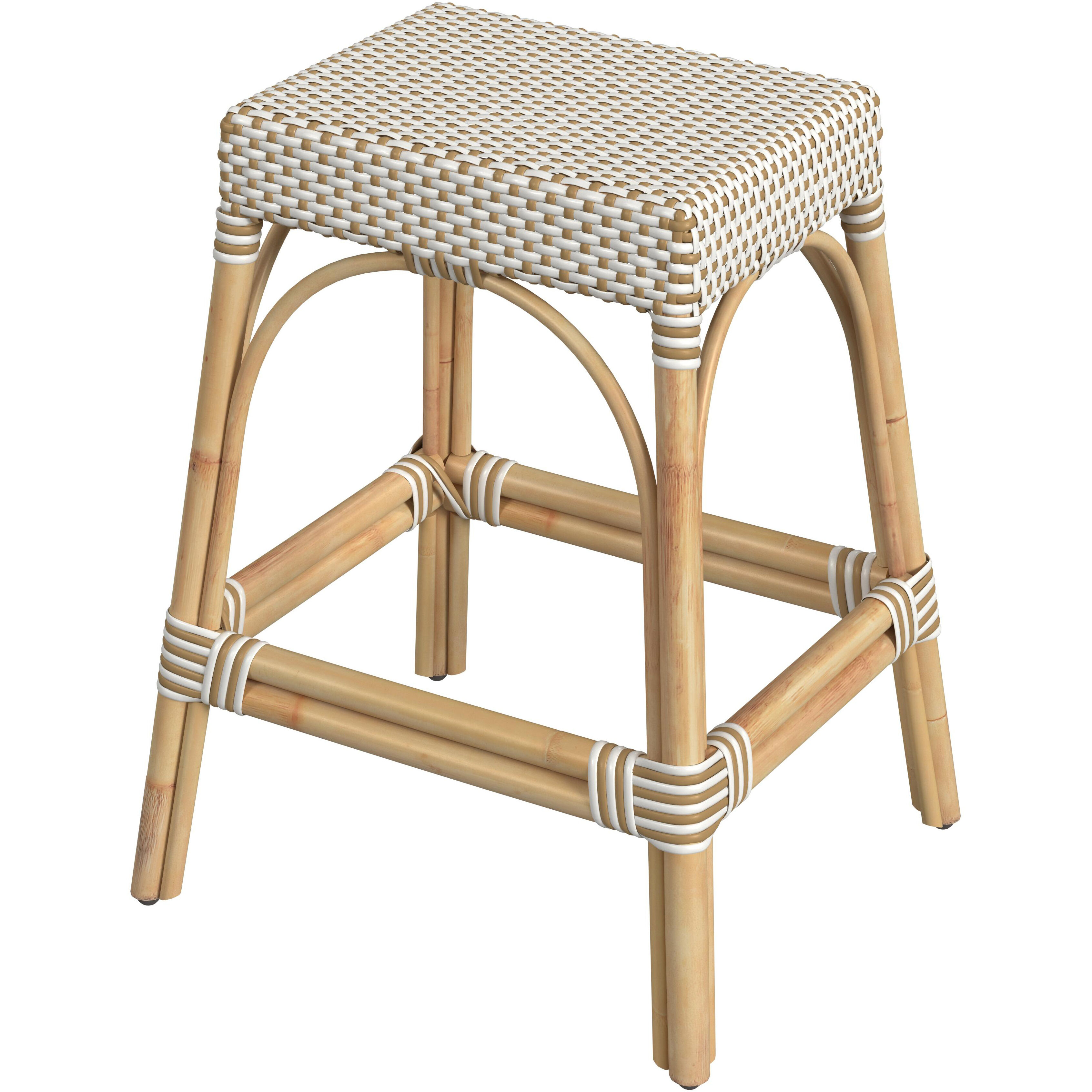 Robias Rectangular Rattan 24.5" Counter Stool in White and Tan Dot